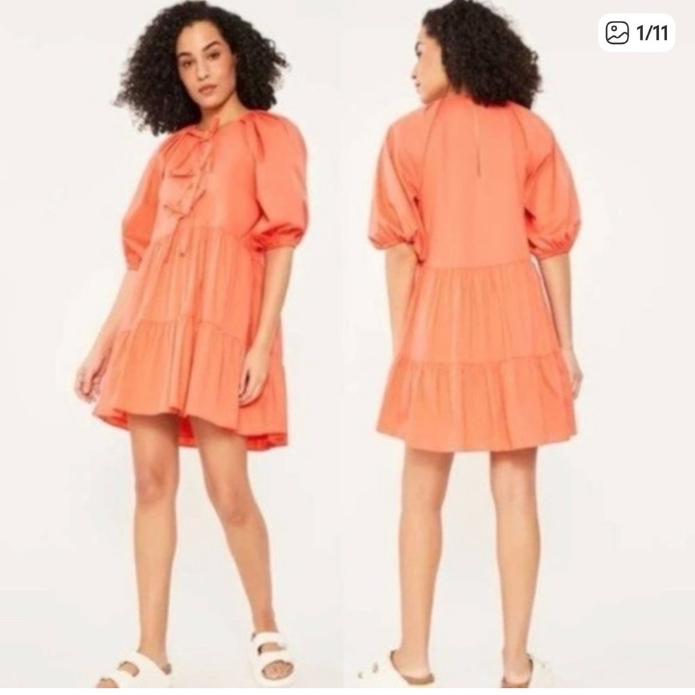 Cinq a Sept Coral Tiered Bow Neck Mini Dress